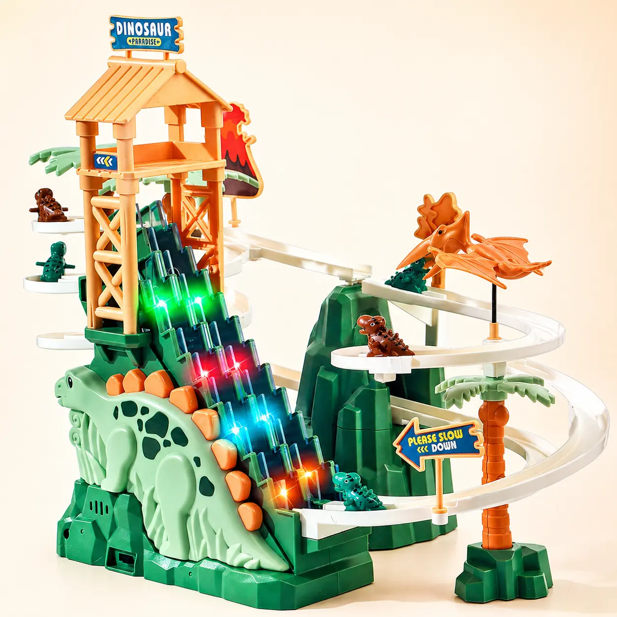 Dinosaur Race Track Set for Kids, Electric Dinosaur Track Toy with Double Elevator, Circular Slide, Lights & Music, Mini Dino Cars Vehicle Playset for Boys Girls