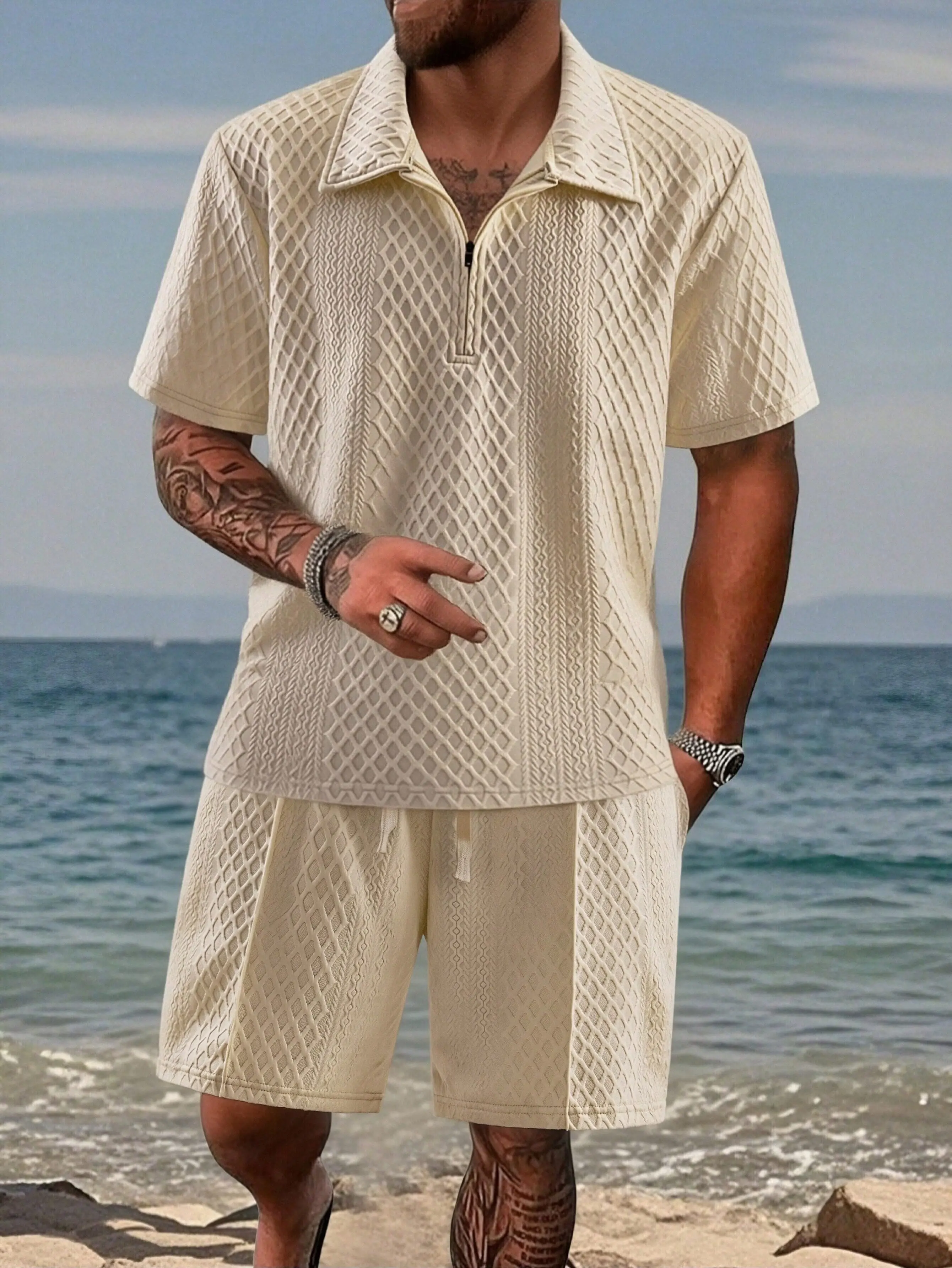 Men's Solid Polo Shirt & Drawstring Waist Shorts Set, Cozy Breathable Casual Two-piece Outfits for Daily Outdoor Wear, Men Clothes for Summer