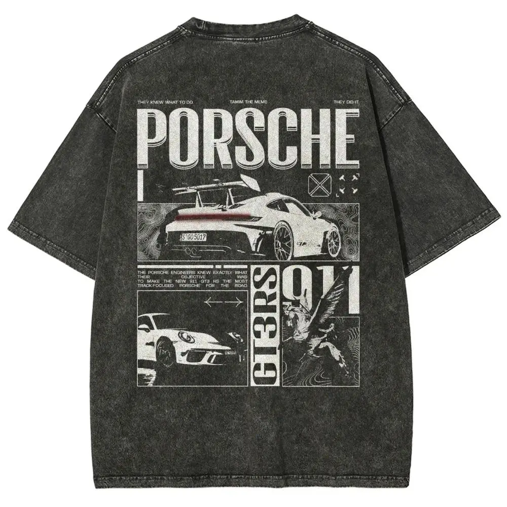 911 GT3RS Unisex Fit Washed T-Shirt single-sided Menswear Top cotton