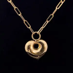 14KT Yellow Gold Heart Necklace with Paperclip Chain
