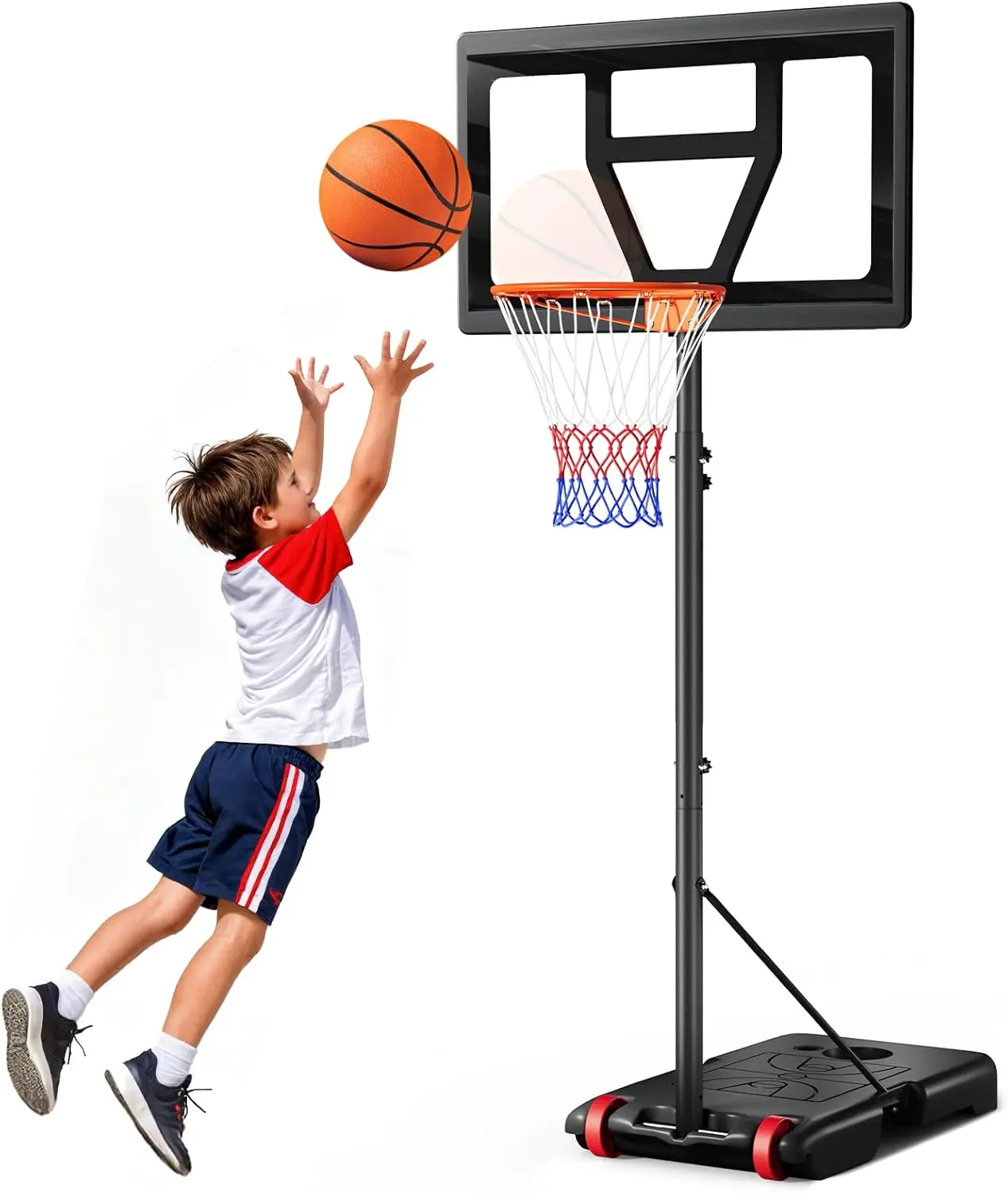 Yohood Kids' Outdoor Basketball Hoop — Height-Adjustable (3–7 ft). A portable basketball system designed specifically for children and teenagers, featuring a shatterproof backboard and a sturdy base.