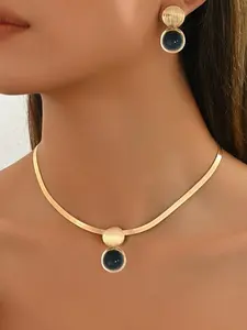 Elegant Women's Necklace Set with Earrings, Fashion Golden Snake Chain, Geometric Stripe Discs, Faux Pearl Heart Pendant