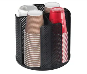 Rotatable Coffee Cup Dispenser and Lids Holder for 5-16oz Cups 4 Compartment Coffee Cup Holder Countertop Coffee Cup Organizer for Restaurant, Coffee Station, Bar, Office, Home