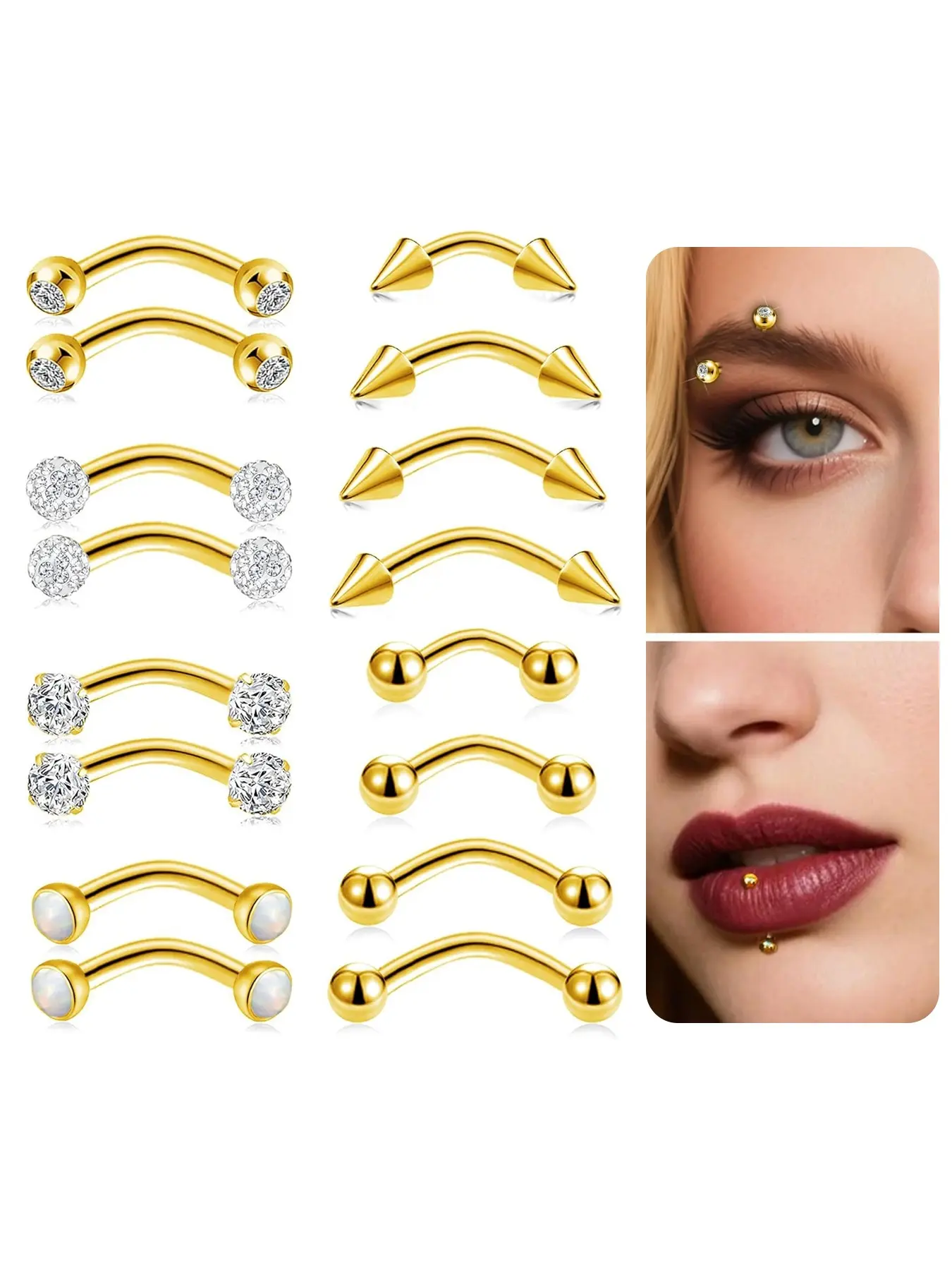 Eyebrow Piercing Jewelry Body Jewelry 16G Stainless Steel Barbell Curved Eyebrow Rings Vertical Labret Lip Jewelry Tragus Helix Rook Daith Earrings for Women Men Gold Plated Non Tarnish Jewelry 6mm/8mm/10mm/12mm