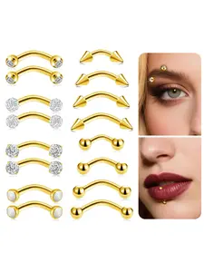 Eyebrow Piercing Jewelry 16G Stainless Steel Barbell Curved Eyebrow Rings Vertical Labret Lip Jewelry Tragus Helix Rook Daith Earrings for Women Men Gold Plated 6mm/8mm/10mm/12mm