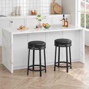 PU Leather Counter Height Barstools with Footrest & Metal Frame, 24'' Counter Height Backless Design - Upholstered PU Leather Cushion, Upholstered Backless Round Bar Stools for Kitchen Island, 360°Swivel Bar Stools Set
