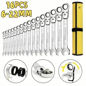 16PCS Flexible Ratchet Combination Wrench Set 6-22mm, Chrome Vanadium Adjustable Spanner Kit with Storage Roll Bag, 180° Swivel Head Mechanics Hand Tools for Auto Repair Household Maintenance