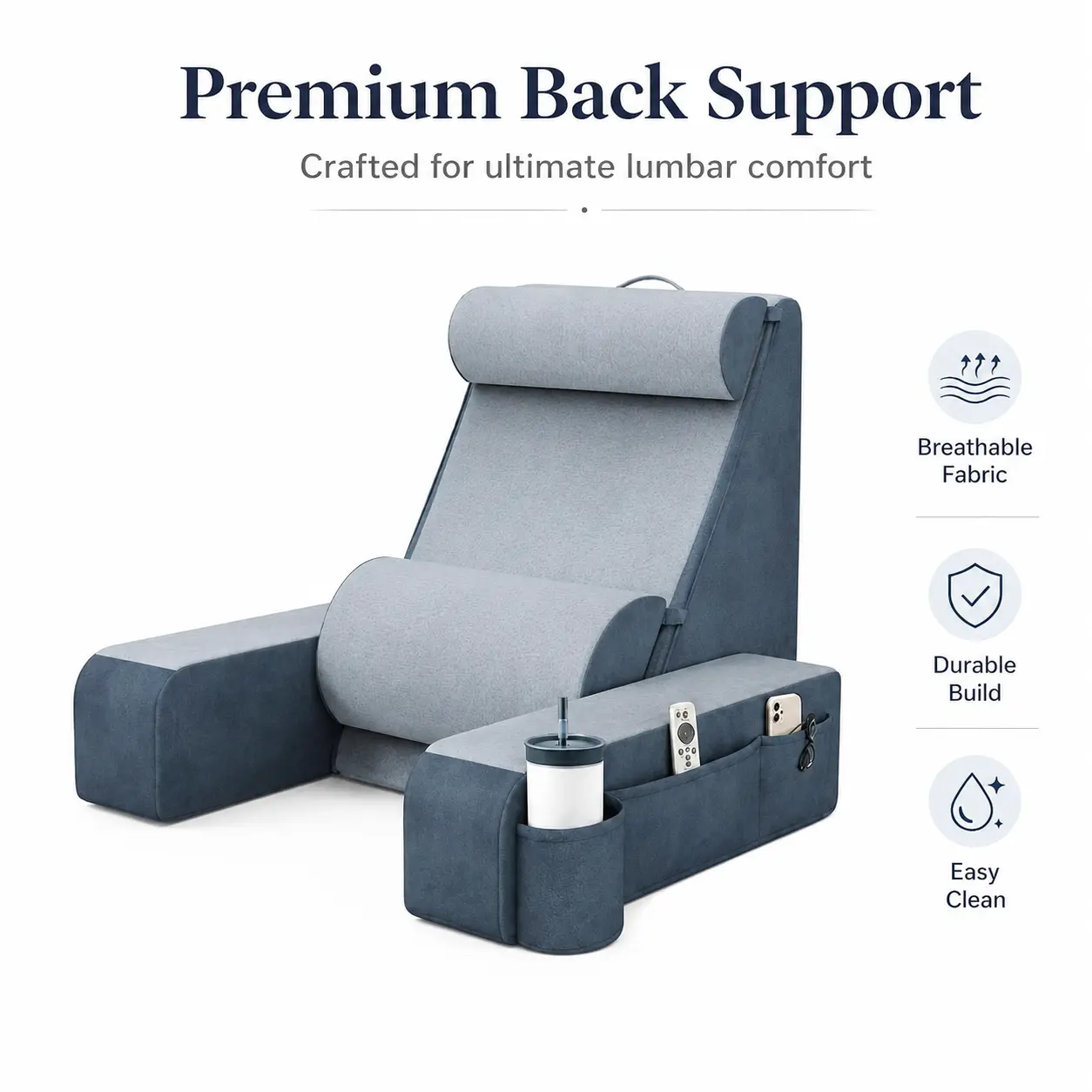 Ergonomic Reading Pillow for Bed - Adjustable Padded Backrest with Detachable Arms, Adjustable Headrest, Lumbar Support, Dual-Side Zoned Storage Pockets, Machine Washable Fleece Bed Backrest Cushion for Lounging