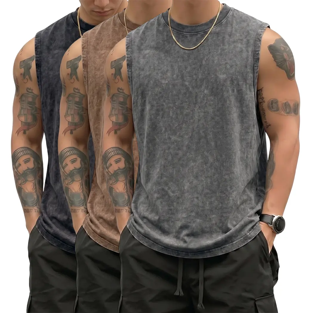 3-PACK Men's Washed Vintage Sleeveless Muscle Shirts, Soft Breathable 100% Cotton Fabric, Crew Neck Cut Off Tops, Old Money Style Clean Fit Minimal Urban Streetwear Shirts For Gym Workout Daily Casual Outfit Value Pack
