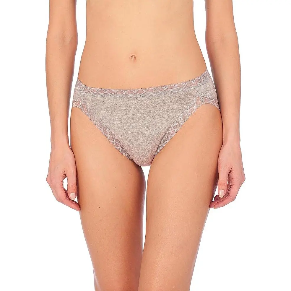 Women's Natori Bliss Soft Basic Cotton French Cut Panties - Low Waist, High Cut, Elastic Legs, Spandex Fabric, Lace Accents, Everyday Fit, Cotton Underwear, Briefs, Light Grey Heather, Casual, Work, Spandex Briefs, Ultra Soft Cotton Briefs