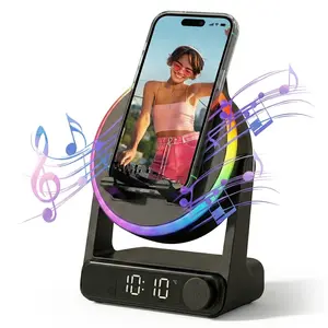 MFHHFM 5 in 1 Wireless Induction Speaker with Phone Stand, Bluetooth Speaker, Digital Alarm Clock, Stereo Sound Amplifier, RGB LED Night Light, 360° Adjustable Holder for iPhone, Android & iPad, Tech Gifts for Men Women Teens