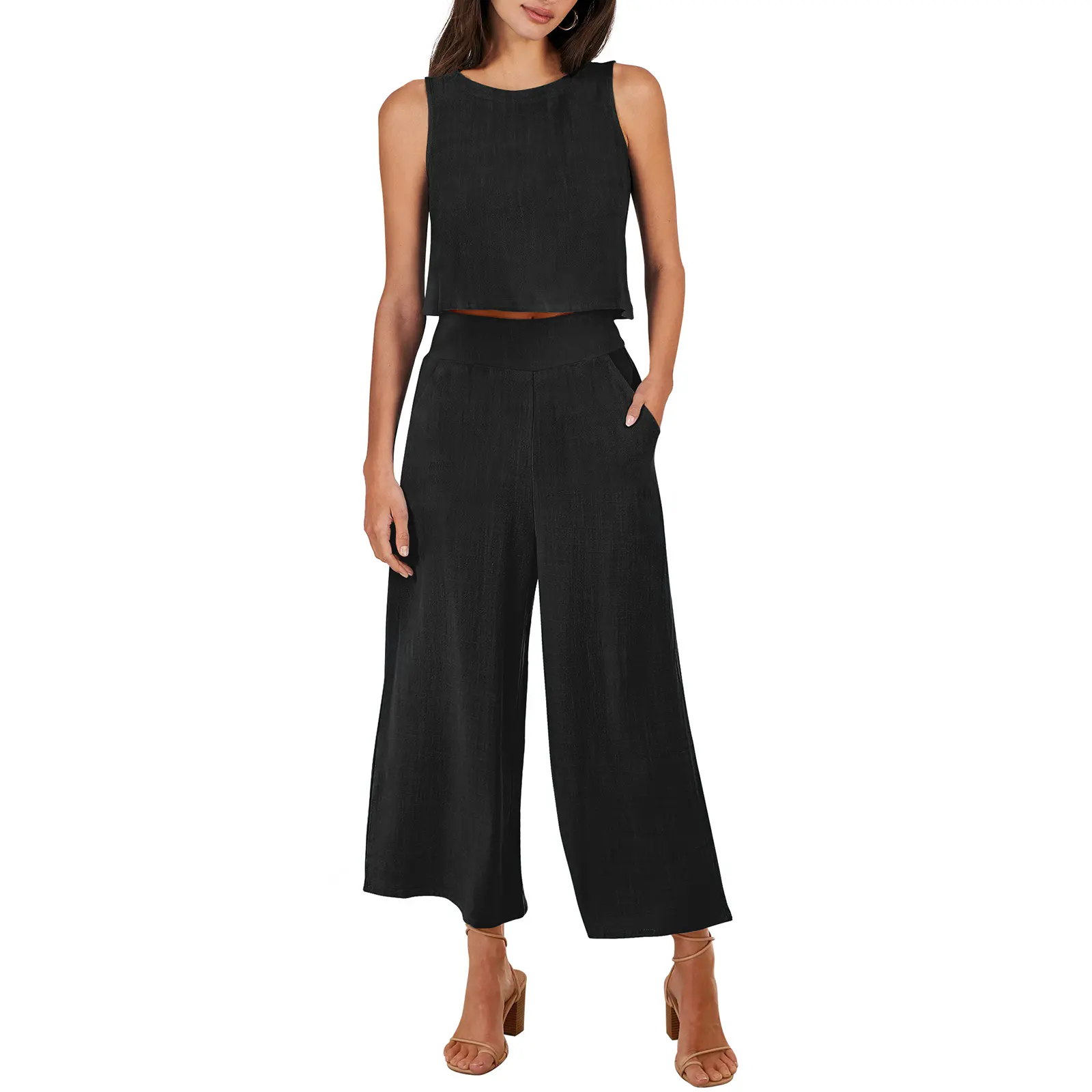 ANRABESS Women's Summer 2 Piece Outfits Sleeveless Tank Crop Button Back Top Capri Wide Leg Pants Linen Set  Vacation Casual Sets Womenswear Clothes