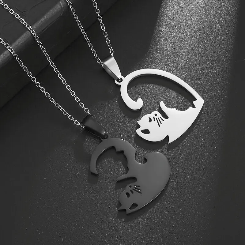 Cute Cat Design Pendant Necklace Stainless Steel Fashionable Jewelry Set for Women & Men, Trendy All-match & Exquisite Jewelry for Birthday Gift