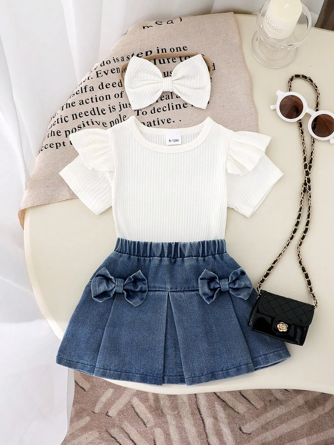 Baby Girl Fashion Simple Infant 3-Piece Set, Plain Short Sleeve T-Shirt, Bow Decorated Jeans Skirt, Elastic Waist, Hairband Included, Baby Clothing Outfits
