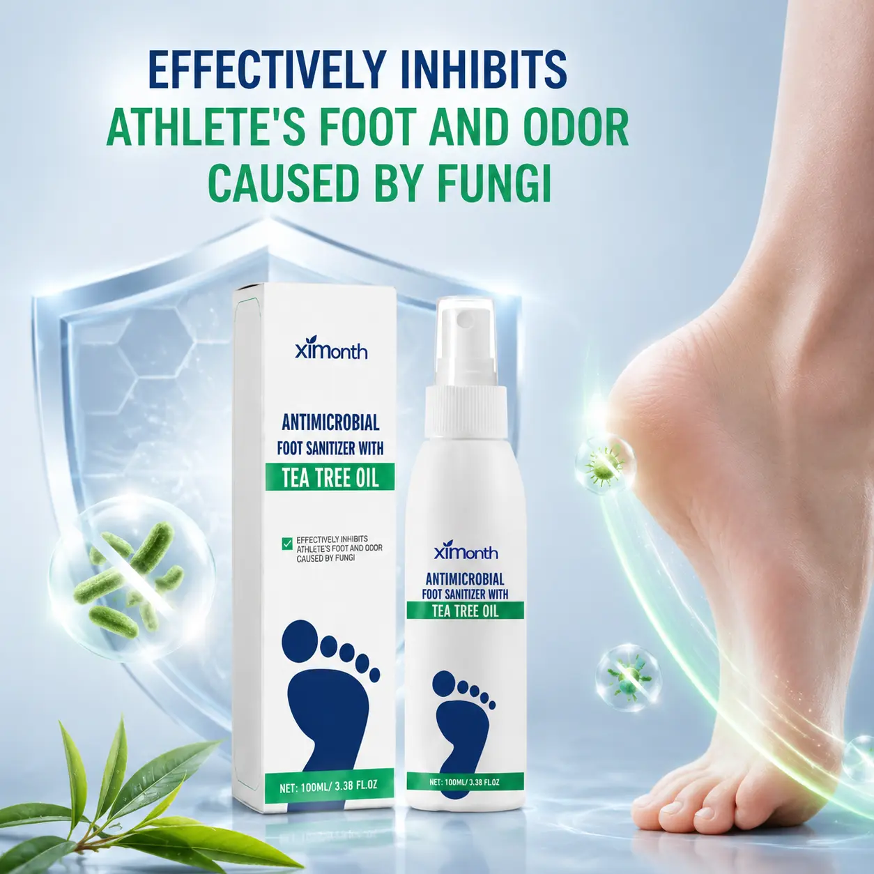 Tea Tree Oil Foot Spray - 100ml Daily Antimicrobial Non-Toxic Formula, Lightweight Portable Hands-Free Fine Mist, Foot Odor Eliminator with Single-Use Peeling, Dark Spot Correction for Sealed Shoes, Travel Essential