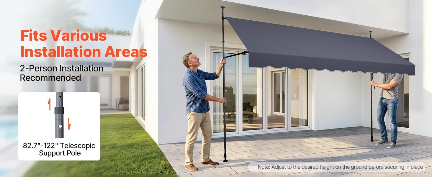 VEVOR Manual Retractable Awning, 138" Outdoor Retractable Patio Awning Sunshade Shelter, Height Adjustable Patio Door Window Canopy with Manual Crank Handle for Backyard, Garden, Balcony, Dark Gray