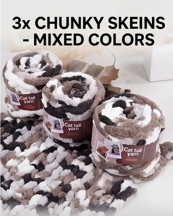 3 Pack Super Chunky Chenille Cat Tail Yarn - Ultra Soft Plush Yarn for Hand Knitting Blankets, Scarves & Pet Beds, Washable Cozy DIY Crochet Yarn for Beginners