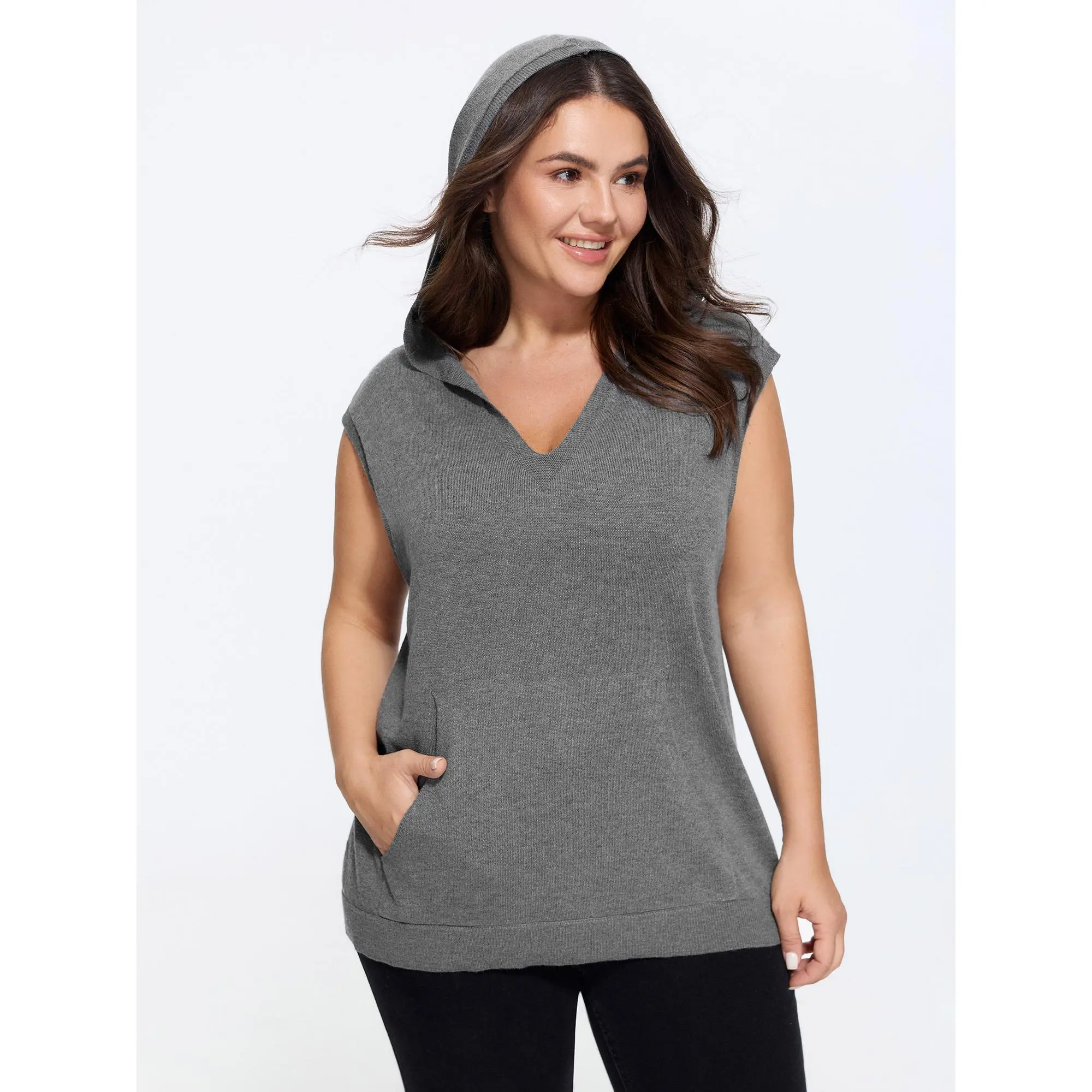 BLOOMCHIC Women's Plus Size V-Neck Hooded Pocket Sleeveless Polyester Fabric Flat Fit Garment Sweater Vest [M-6X] 2026 Summerfinds, Basic, Casual, Tops, Pocket Detail, Multi-Size