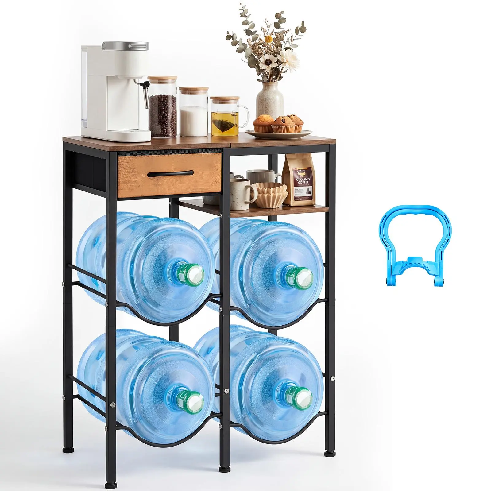 VEVOR Carbon Steel Water Jug Rack, 4-Tier Double Rows for 3 & 5 Gal Bottles (4 Total), Heavy-Duty Organizer with Top Cup Shelf, Drawer, Anti-Tip Device & Laser-Cut Holes, 22lb Capacity, Stable on Uneven Surfaces, for Kitchen & Garage, Black/Brown
