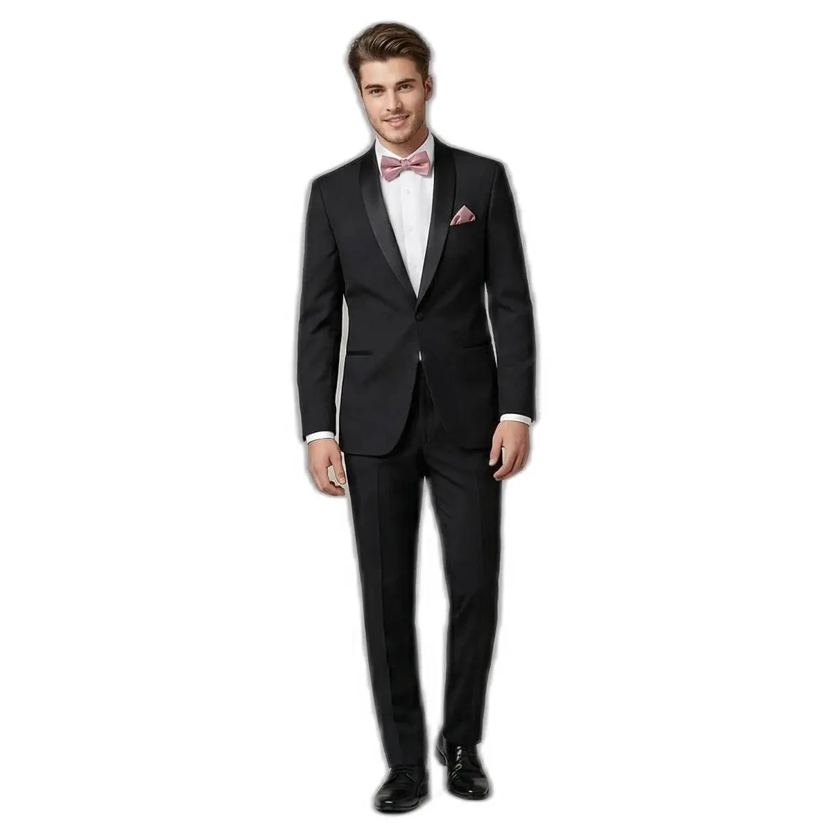 The Blushing King – Black Tuxedo + Blush Pink Bow Tie | Prom 2026