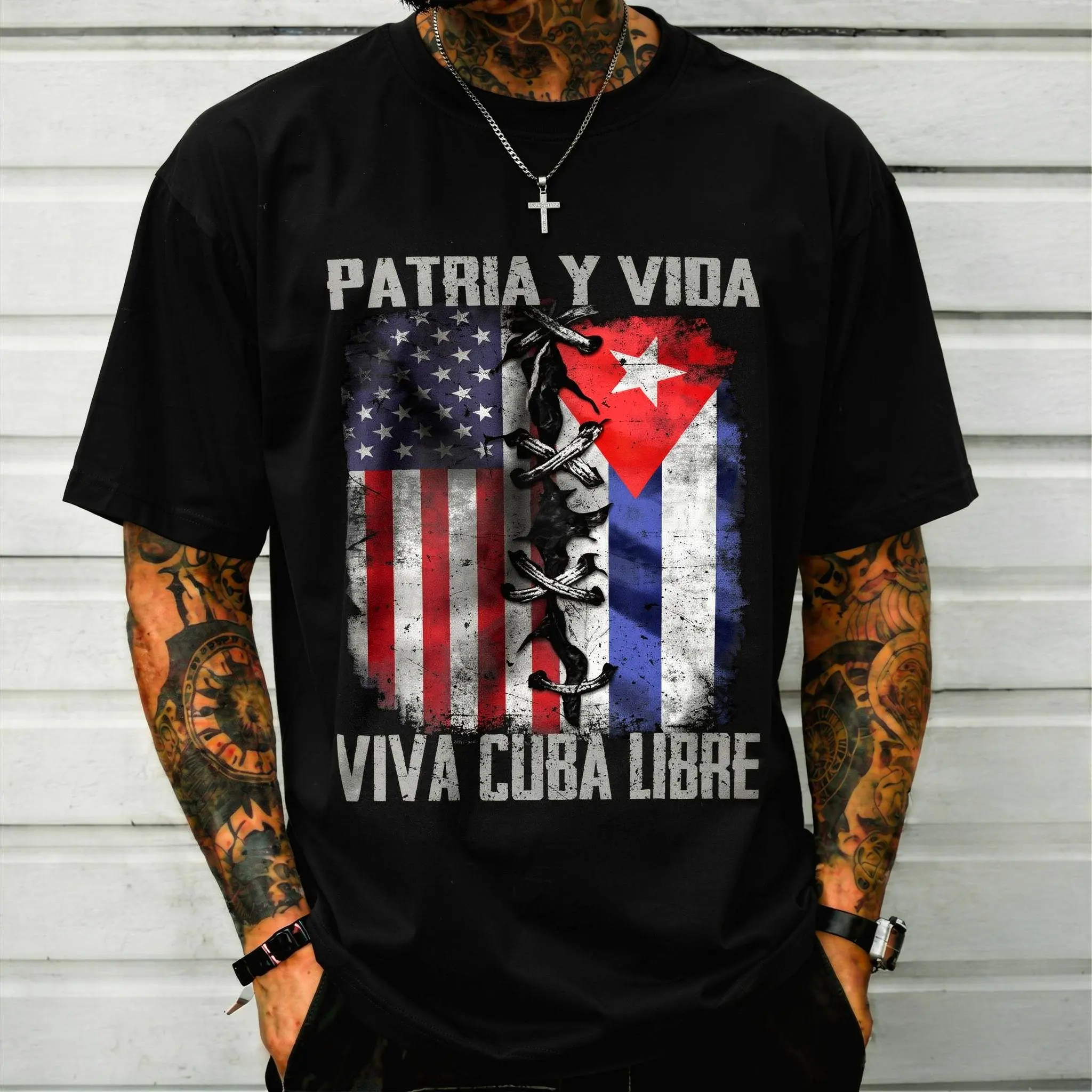 Women's Cotton Oversized Short-Sleeve Print Apparel - Patria Y Vida Graphic T-Shirt, Stitched Cuban Flag, Freedom Heritage, Miami Hispanic Pride, Distressed Casual Tee