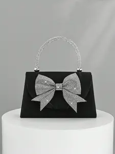 Women's European And American Fashion Black Satin Flap Clutch Evening Bag, Sparkling Elegant Bowknot Rhinestone Decor Party Handbag, Luxury Satin Formal Dress Bag, Chain Shoulder Bag Suitable For Banquet, Party, Birthday, Wedding