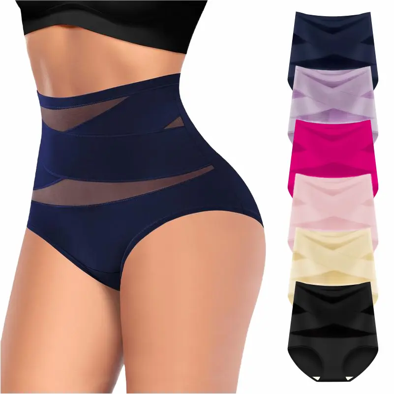 Women's High-Waist Panties，6 Pack ,Cross-Mesh Panel Underwear,Ultra Soft Comfort Fit Briefs -Womenswear lady basic minimalist Floral Lace Set for Women pant