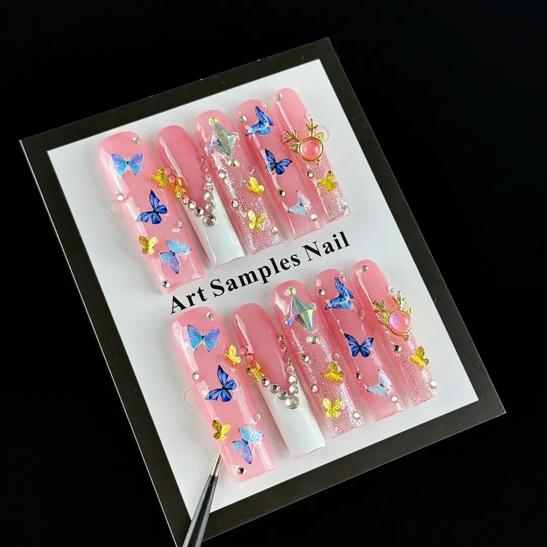 10pcs Vintage, hand-painted butterfly, cluster of diamonds handmade fake nails, Decorative Nails, Glitter Fake Nails, Nail stickers suitable for friends' birthday parties, Valentine's Day activities