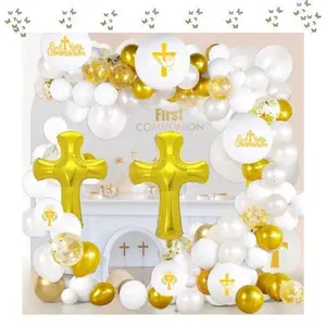 First Communion Balloon Arch Garland Kit – Baptism & Holy Communion Decorations with Cross Foil Balloons, White Party Supplies