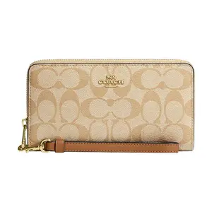 COACH Zip-Around 19 Handbag Wallet for Women – Classic Monogram Canvas with Leather Trim, Khaki