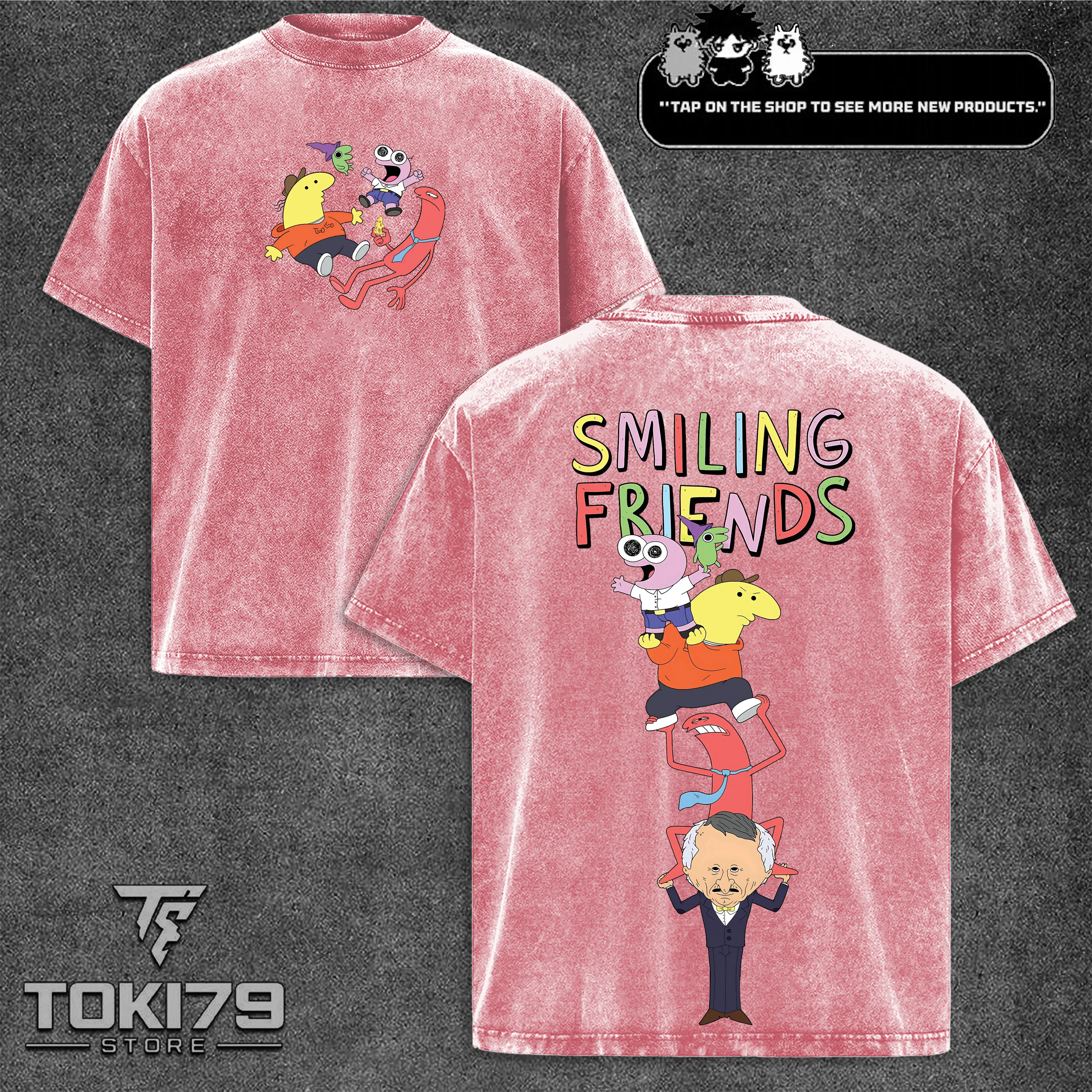 Smiling Friends Washed Cotton Shirt, Adult Swim Shirt, Graphic Tee, Cartoon Double Printed Vintage Washed Tee Cotton T-shirt Fabric Menswear Top Collar