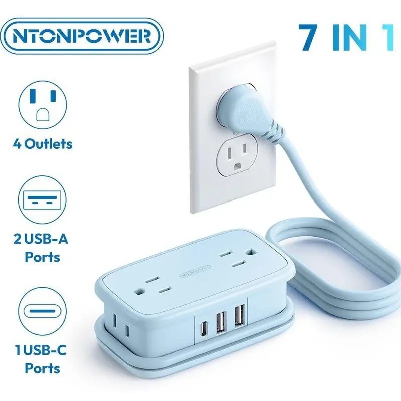 NTONPOWER Travel Essentials 7-in-1 Travel Power Strip with 4 Outlets, 2 USB-A & 1 USB-C, Cruise-Approved Flat Plug, 4ft Wrapped Extension Cord for Hotel, Dorm & Camping