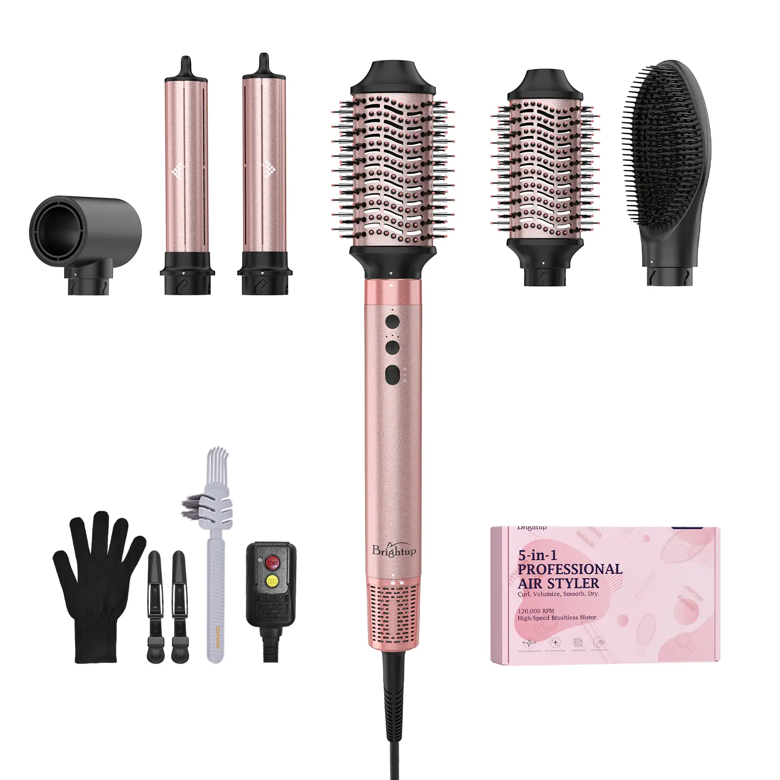 Brightup 5-in-1 Hair Styler & Dryer Brush Set, Automatic Curling Tool for Bouncy Curls & Volumizing, Fast Drying with 5 Attachments, Storage Bag, Mother's Day Gift, Titanium, Hair Styling, Curly Hair, Frizz