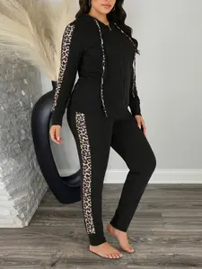 Women's Leopard Print Patchwork Hoodie Set, Long Sleeve Sweatshirt & Pants, Casual Style Fall Winter, Fitted Natural Waist Design Drawstring