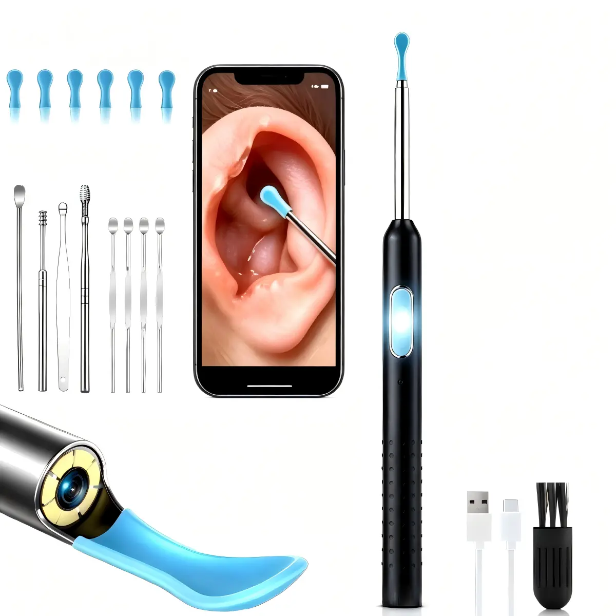 Ear Cleaner Camera Kit, 1080P HD Wireless WiFi Ear Cleaning Endoscope with 6 LED Lights, 6-Tip Multi-Pack, Safe Waterproof Portable Tool, iOS & Android Compatible for Wax Removal, Free Epilator Samples, Ear Cleaning Tool Birthday gifts, holiday gifts