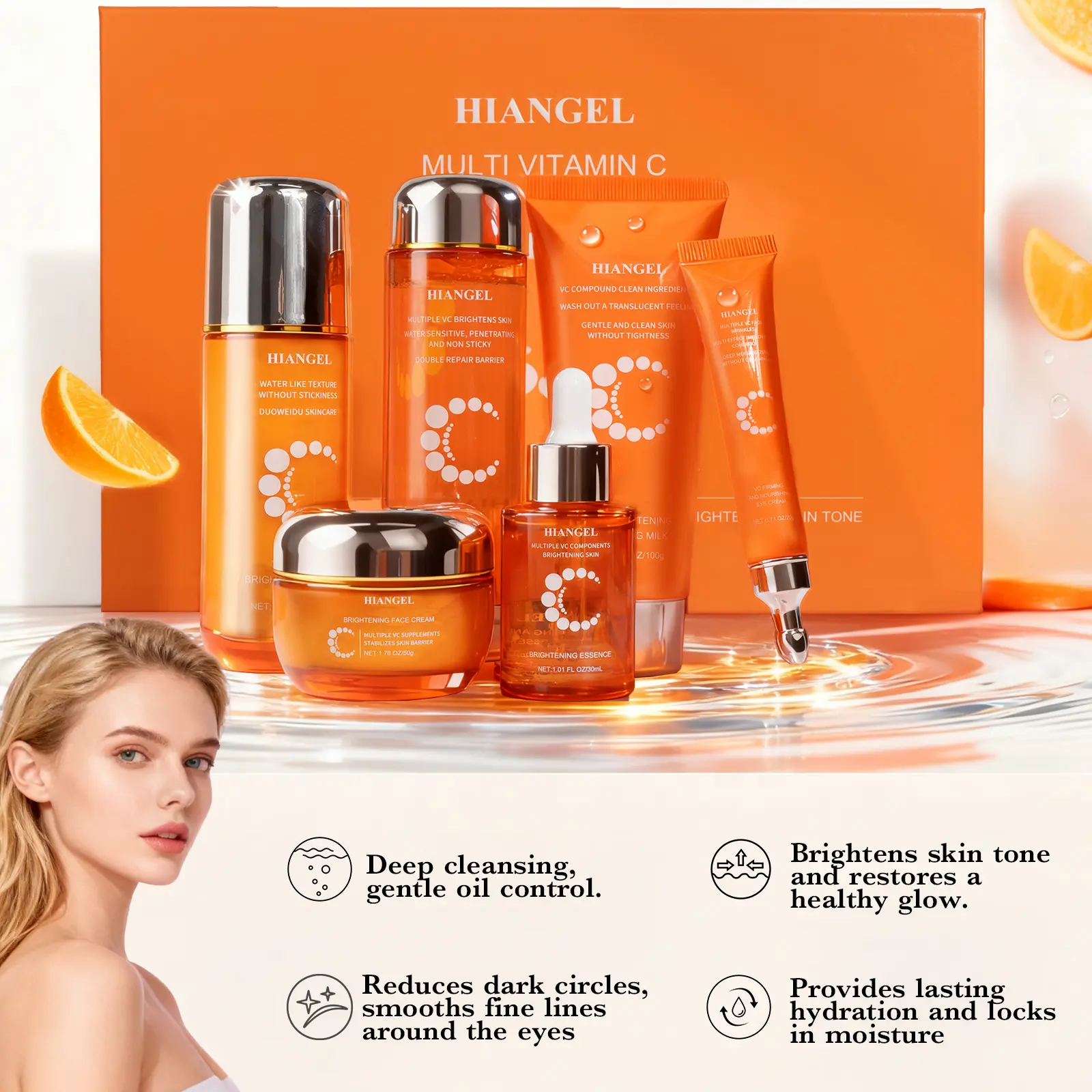 [CCC]Hiangel Natural VC Nourishing Hydration Gift Set - Cleansing Hydration Makeup Removal Skincare Moisturizing Multi Vitamin C Moisturizer with Witch Hazel & Azelaic Acid - Cleanser
