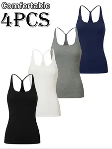 💥4-piece Backless Camisole Set! Ribbed design with stretchy fabric + padded support, elegant backless style, multi-color series for versatile matching, comfortable for daily inner wear, outer wear, and even sleeping! Underwear #OOTD #TankTop