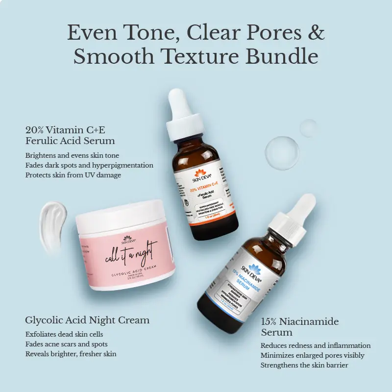 Skin Deva Even Tone, Clear Pores & Smooth Texture Bundle with 20% Vitamin C + E Ferulic Acid Serum, 15% Niacinamide Serum & Glycolic Acid Night Cream