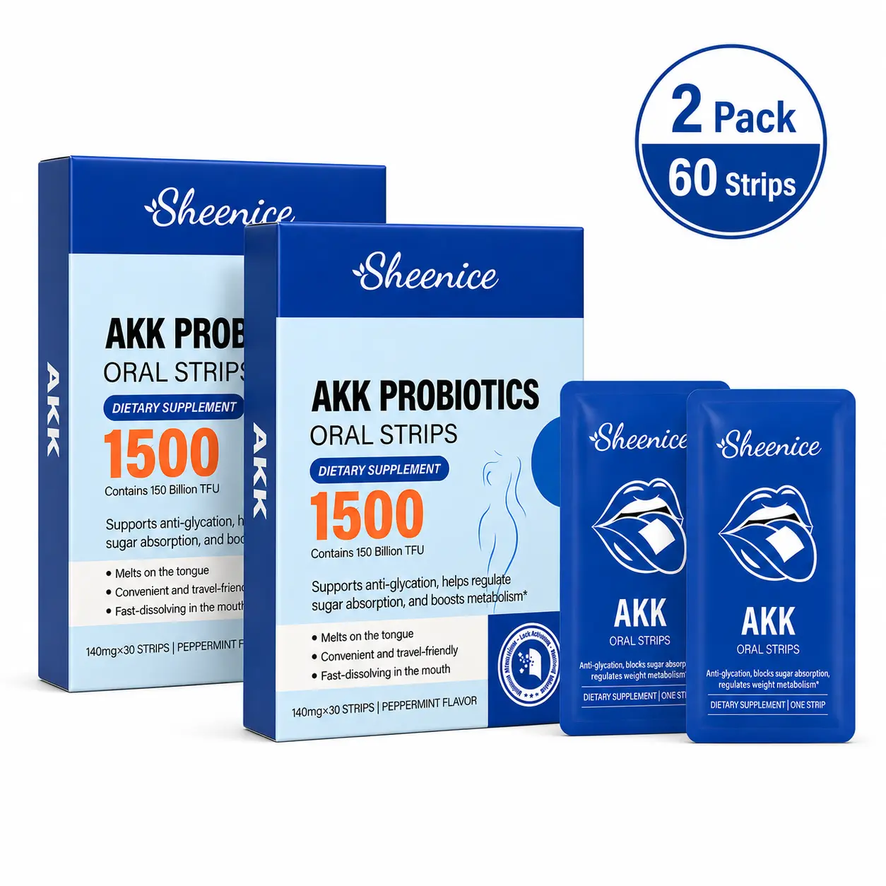 Sheenice AKK Probiotics Mint Fast-Dissolving Strips Healthcare Supplement, 2-Bundle Travel Pack (30 Strips/Box) with Prebiotic Fiber, Slow-Release, 15B AFU Active Bacteria for Gut Health