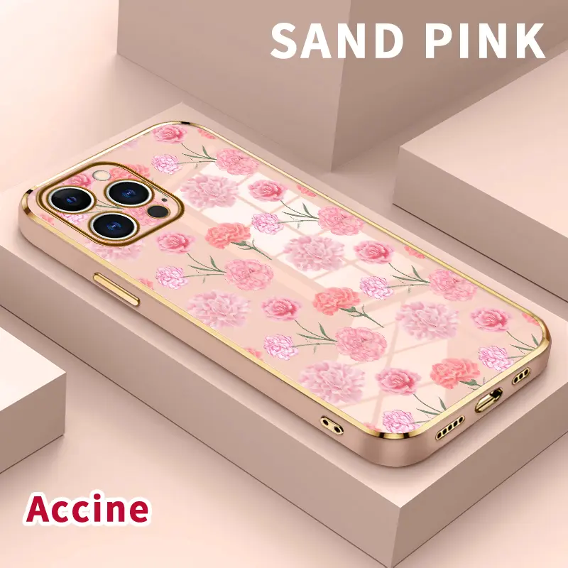 Luxury 1-Piece Soft TPU Cellphone Casing - Slim Gold Edge Shine, Shock-Absorbing, Anti-Fingerprint, Non-Slip Protection for iPhone 11,12,13,14 Plus,15,16,17 Pro Max Air, Carnation Dreamscape Pattern Phone Accessories Device Protector