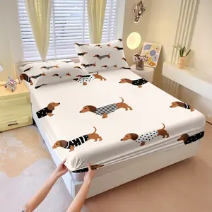 Cute Dachshund Print Fitted Sheet Set, Decorative Bedsheet Sets, Includes One Bedspread and Two Pillowcases Without Inserts, Fashionable Dog Pattern Mattress Cover, Anti-skid Fixation Design
