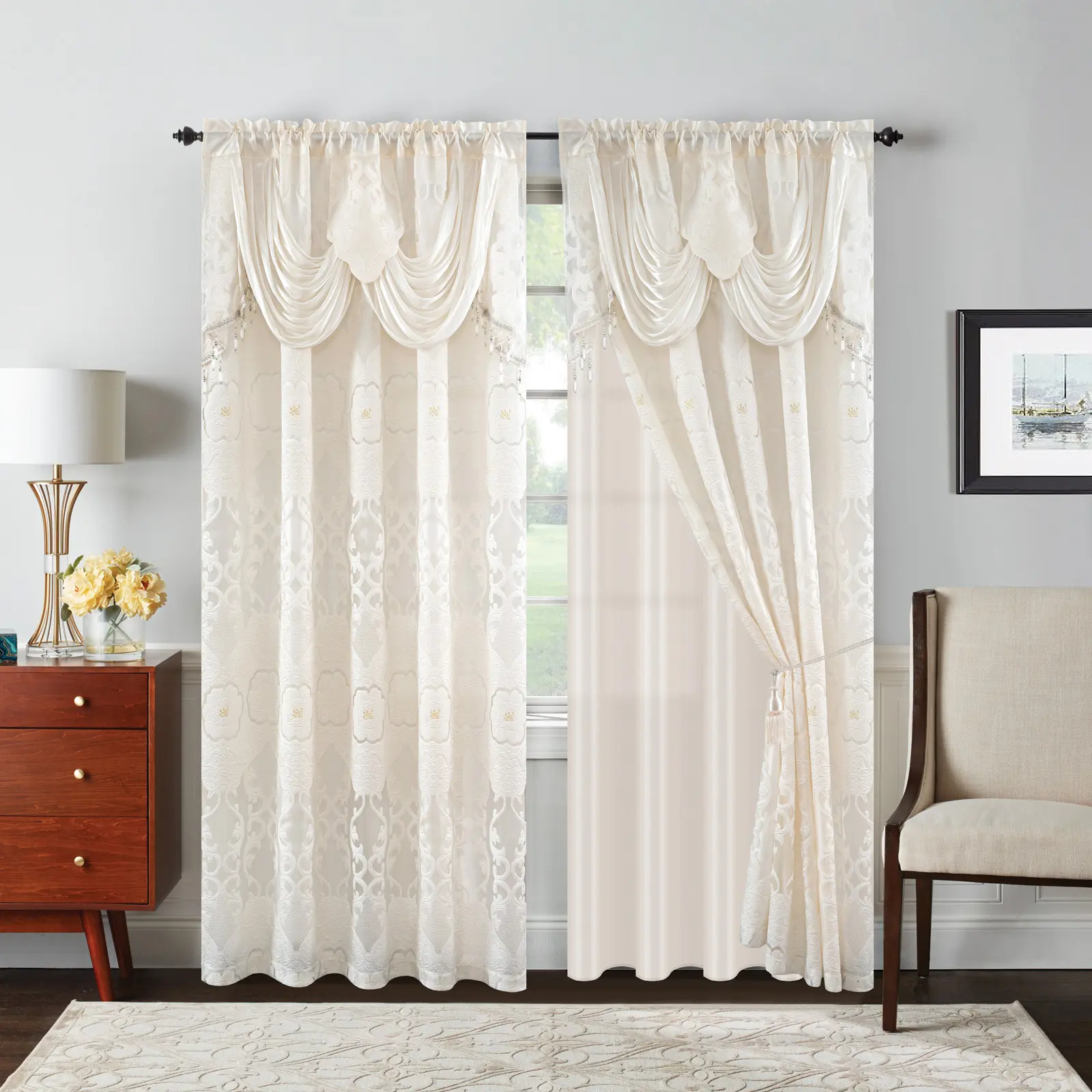 Petrichor Sheer Jacquard Voile Curtains , 2 Panels with Attached Valance, Double Layer Floral Cutwork Design with Luxurious Texture,Rod Pocket, for Bedroom & Living Room