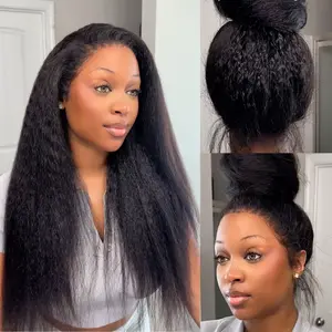 KissLove Hair 360 Glueless Human Hair Wig Kinky Straight 250% Density 360 Invisible Strap Lace Frontal Wigs With Newborn Hairline Pre Bleached Yaki Straight 360 Wig Can Do Ponytail With Drawstring