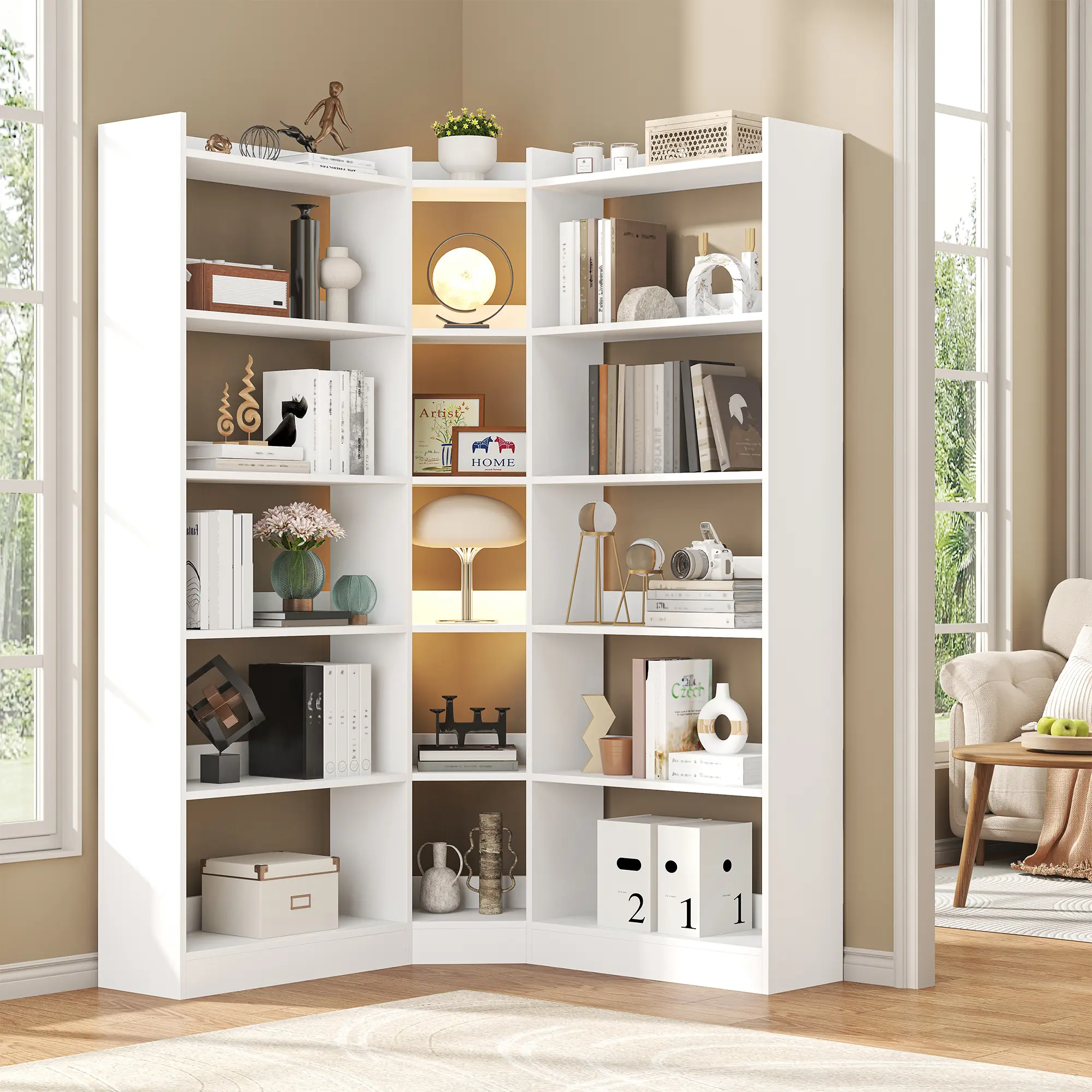 6-Tier Corner Bookshelf, 63.1" Tall Modern Industrial L-Shaped Etagere with Baffle, Small Space Decor Vertical Storage Solution for Bedroom, Home Office, Vertical Storage Solutions