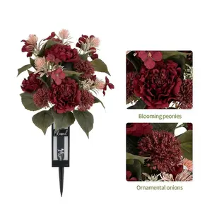 Red Cemetery Flowers for Grave:  Peony Grave Flower Bouquets for Cemetery Decorations - Spring Outdoor Gravesite Flowers with Vase