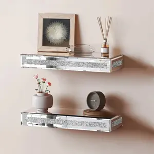 Set of 2 Mirrored Floating Shelves for Wall Decor Storage, Glitter Glass Wall Mounted Shelves for Bedroom, Living Room, Bathroom, Kitchen, Office and More, Silver