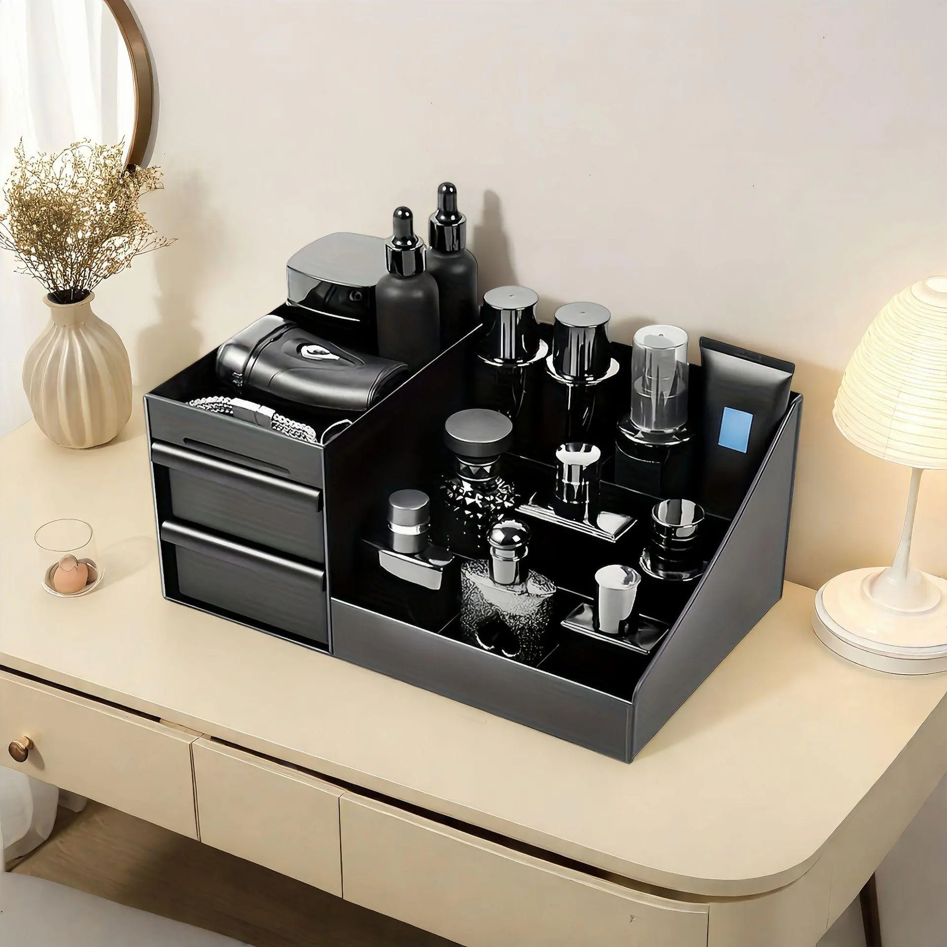Men's Minimalist Plastic Perfume & Cologne Storage Box - Waterproof Bathroom Organizer Storage, 3-Layer 7-Compartment with Deep Drawer, Easy to Clean, Thanksgiving/Father’s Day Gift for Boyfriends Collectors, Vanity Countertop Accessory