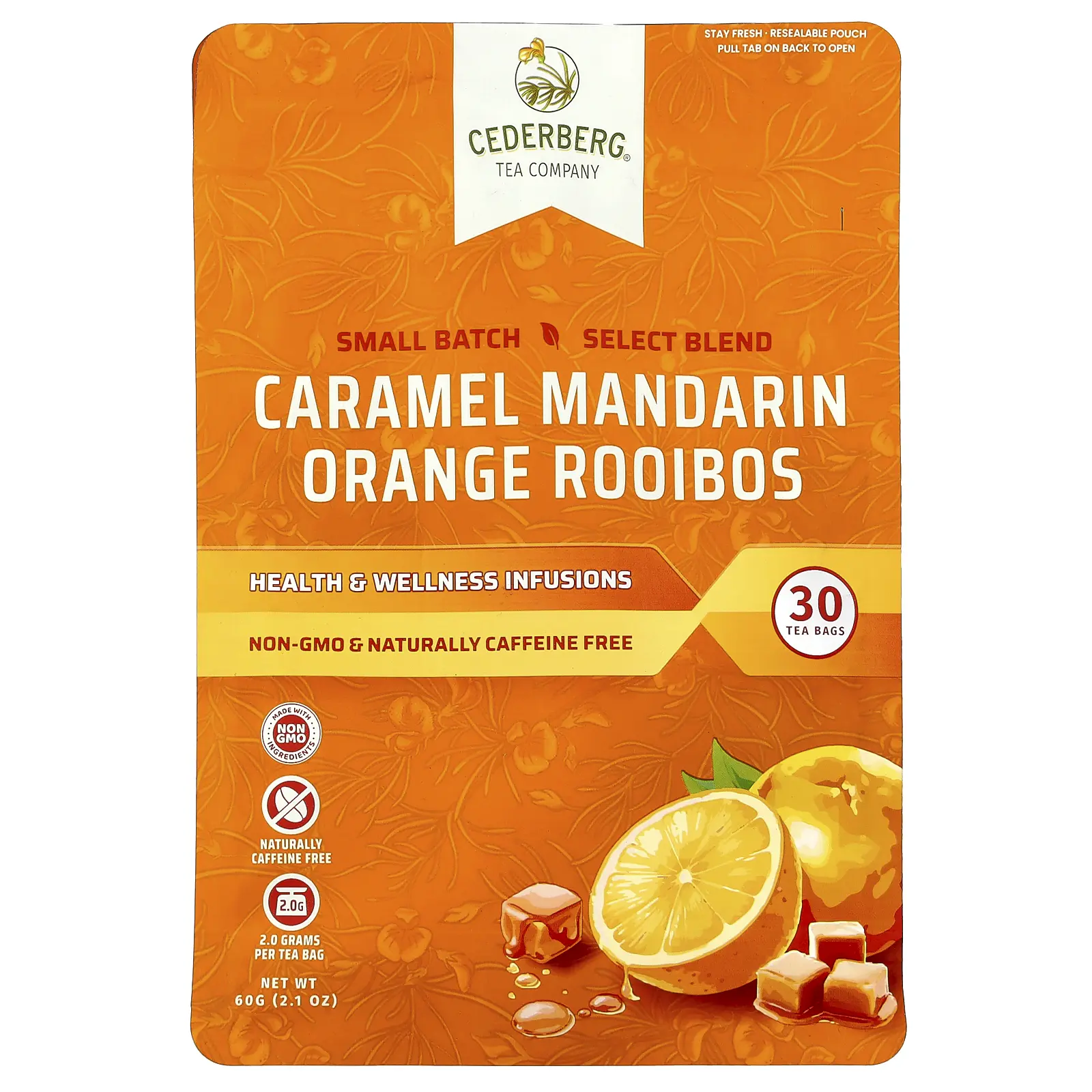Cederberg Tea Co Caramel Mandarin Orange Rooibos, Caffeine Free, 30 Tea Bags, 2.1 oz (60 g)