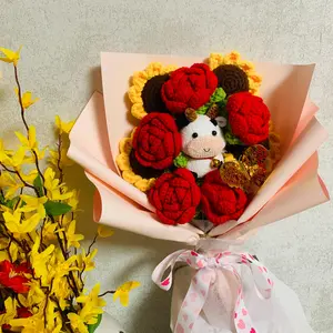 Crochet Flower Bouquet, 1 Count Handmade Knitting Flower Bouquet with Cow Doll, Home Decor Supplies, Gift for Girlfriend, Birthday Gift, Handmade Knitted Rose