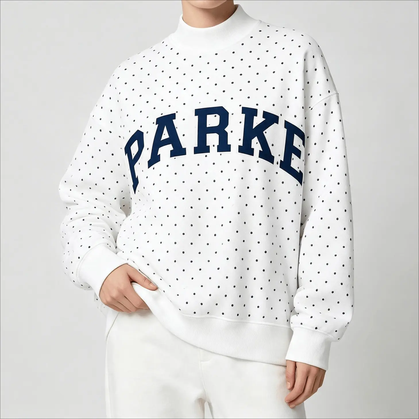 PARKE Women's Autumn Winter Casual Polka Dot High Neck Stand Collar Sweatshirt - English Letter Embroidered Polyester Fabric Sports Fitness Ladies Top, Premium Comfortable Apparel for Gym Workout, Daily Wear, Commute, Outdoor & Weekend Wear
